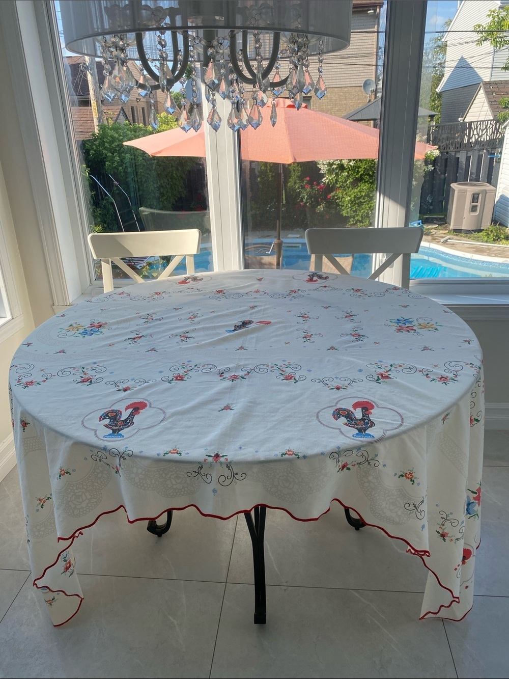 Portuguese Creme Embroidered Rooster Print Rectangular Tablecloth w Red Trim